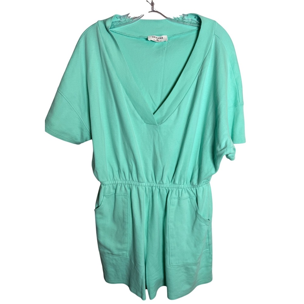 Zenana Romper Womens XL Mint Green Cotton Blend Casual V-Neck Elastic‎ Waist